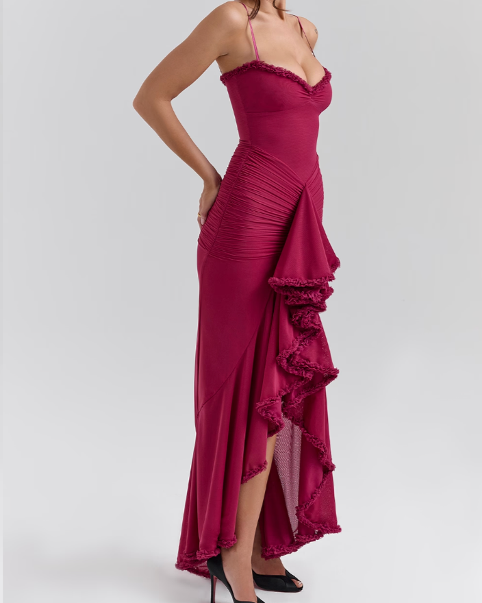 Women’s Ruched Maxi Dress Ruffle Trim Sweetheart Neckline Wedding Guest Gown