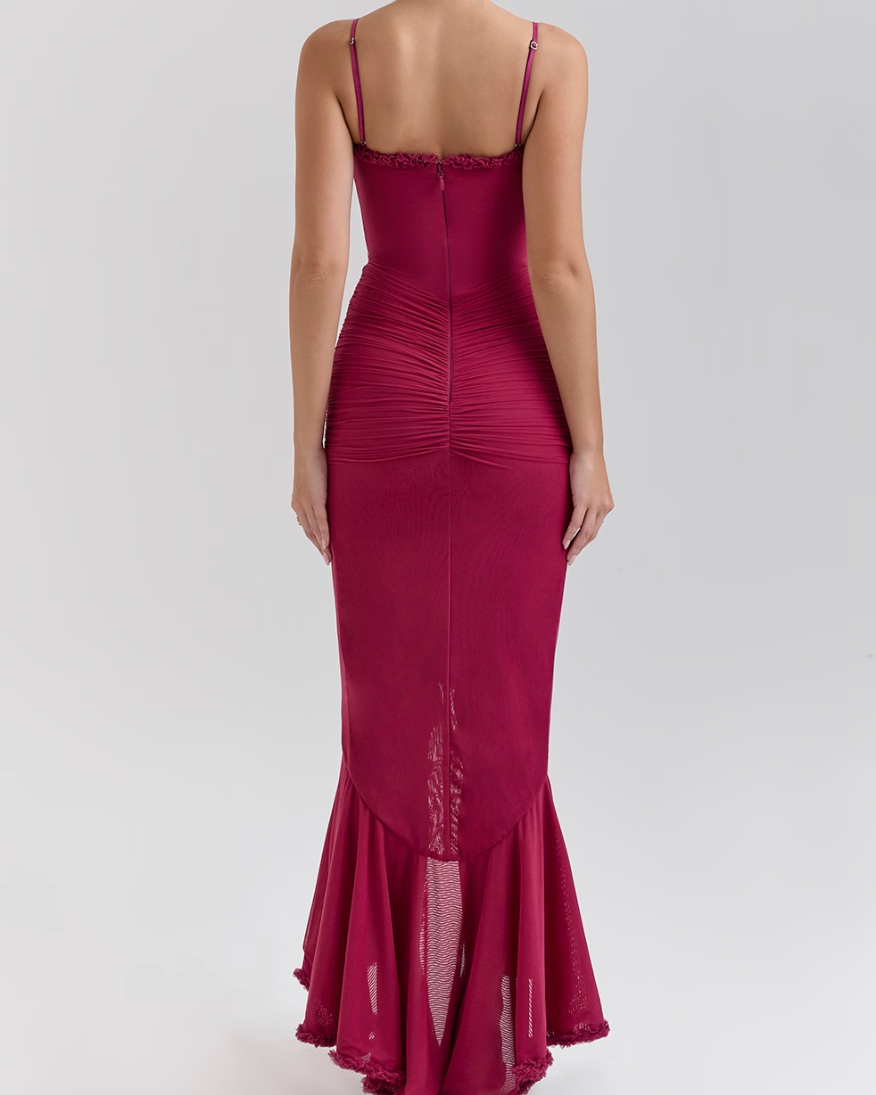 Women’s Ruched Maxi Dress Ruffle Trim Sweetheart Neckline Wedding Guest Gown