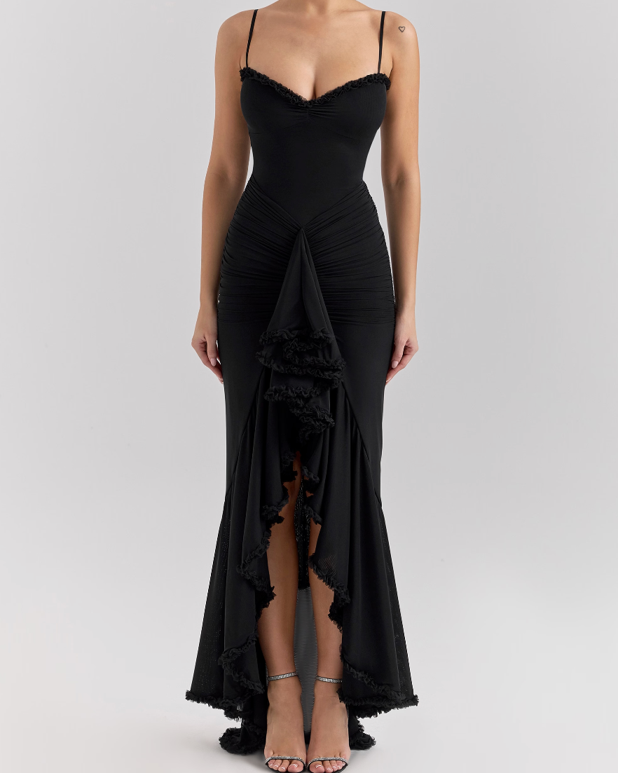 Women’s Ruched Maxi Dress Ruffle Trim Sweetheart Neckline Wedding Guest Gown