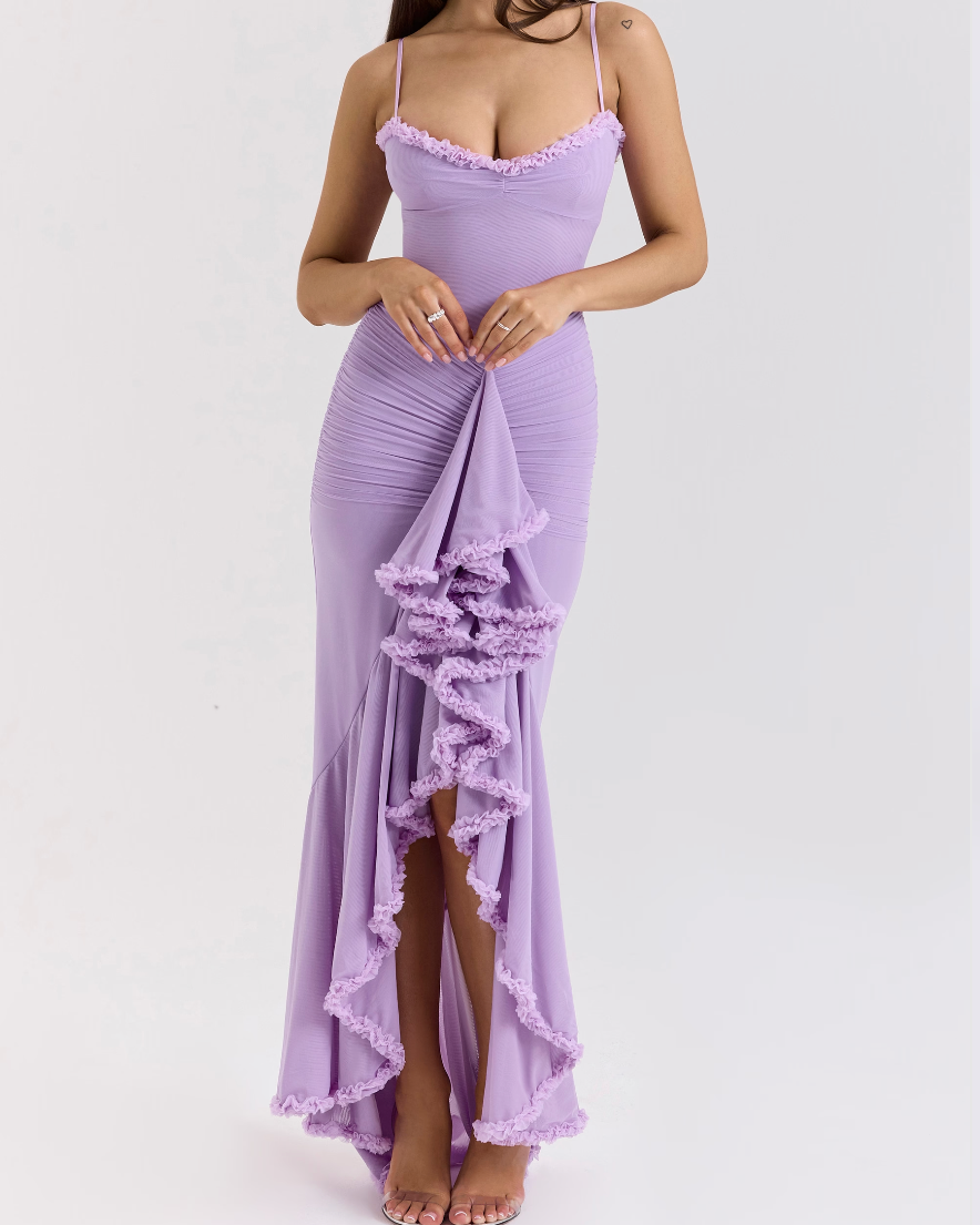 Women’s Ruched Maxi Dress Ruffle Trim Sweetheart Neckline Wedding Guest Gown