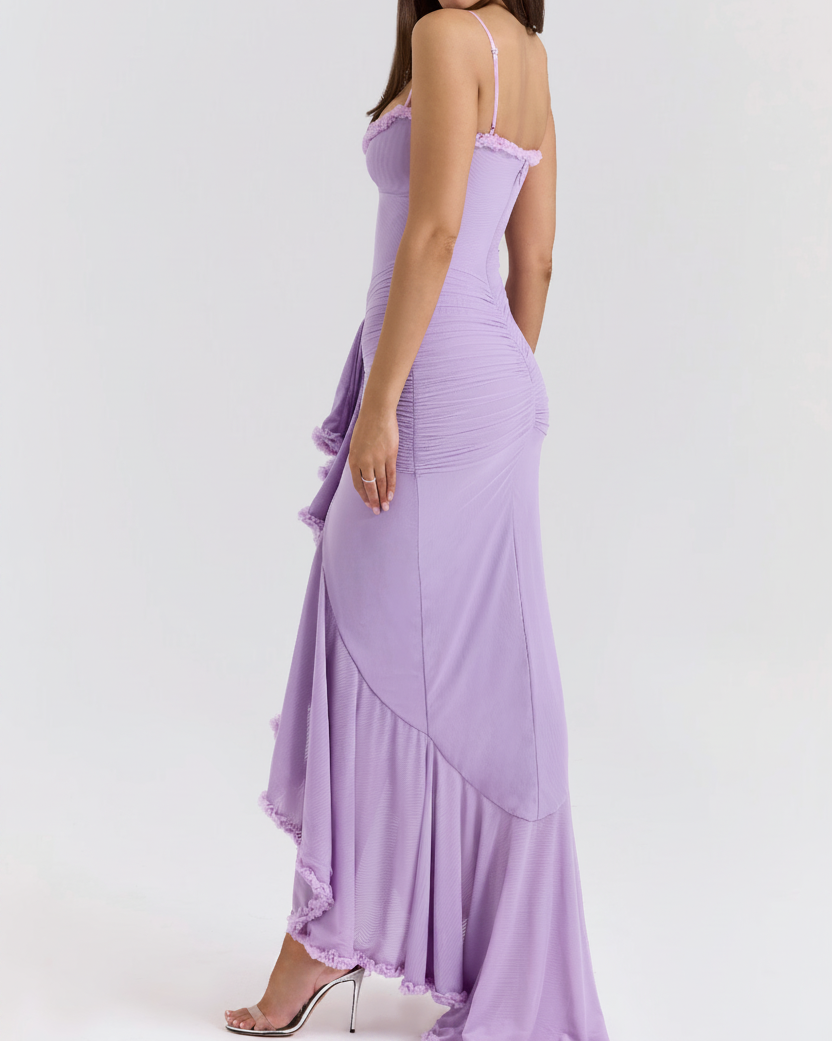 Women’s Ruched Maxi Dress Ruffle Trim Sweetheart Neckline Wedding Guest Gown
