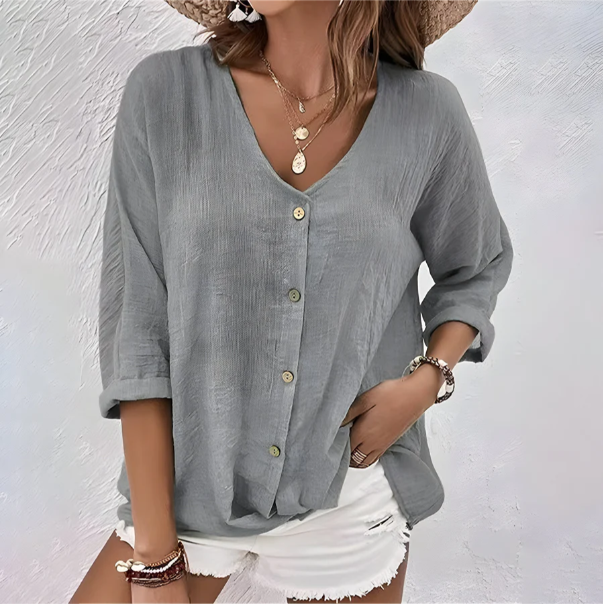 Women’s Relaxed V-Neck Button Up Blouse with Textured Finish and 3/4 Sleeves