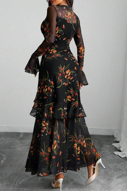 Ceylan Women’s Floral Maxi Dress Tiered Ruffle Mesh Overlay