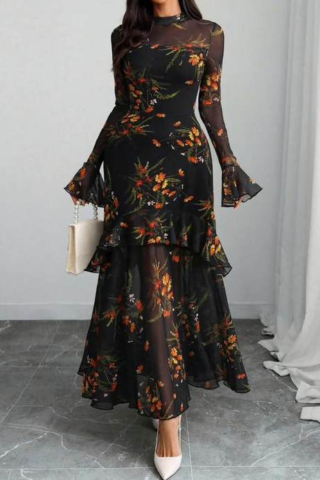 Ceylan Women’s Floral Maxi Dress Tiered Ruffle Mesh Overlay