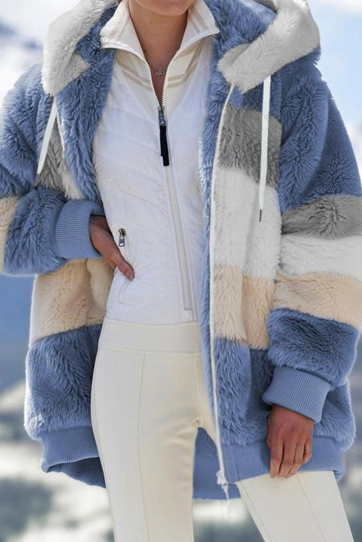 Ceylan Women's Oversized Teddy Jacket Striped Hooded Faux Fur Coat