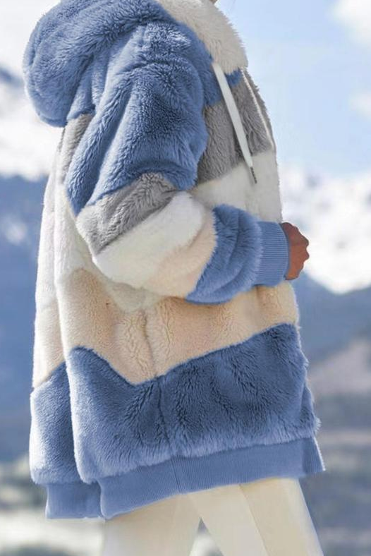 Ceylan Women's Oversized Teddy Jacket Striped Hooded Faux Fur Coat