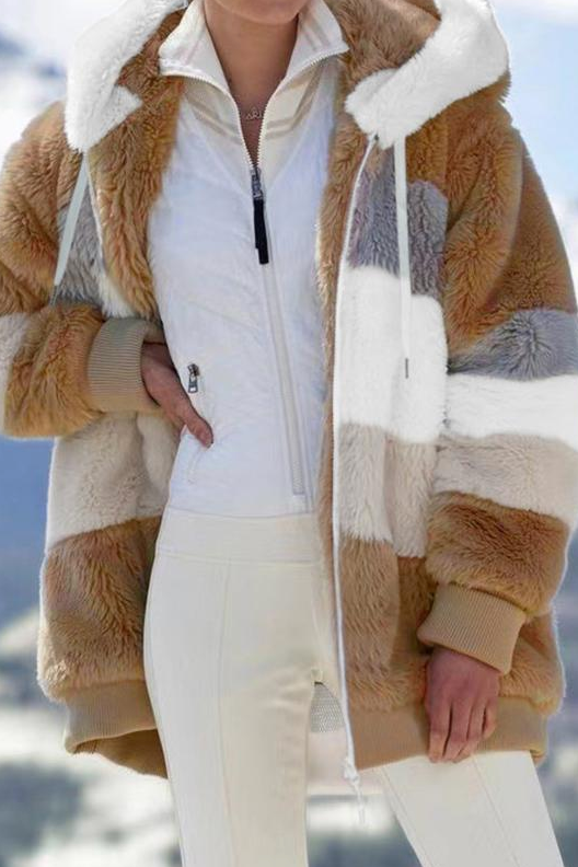 Ceylan Women's Oversized Teddy Jacket Striped Hooded Faux Fur Coat