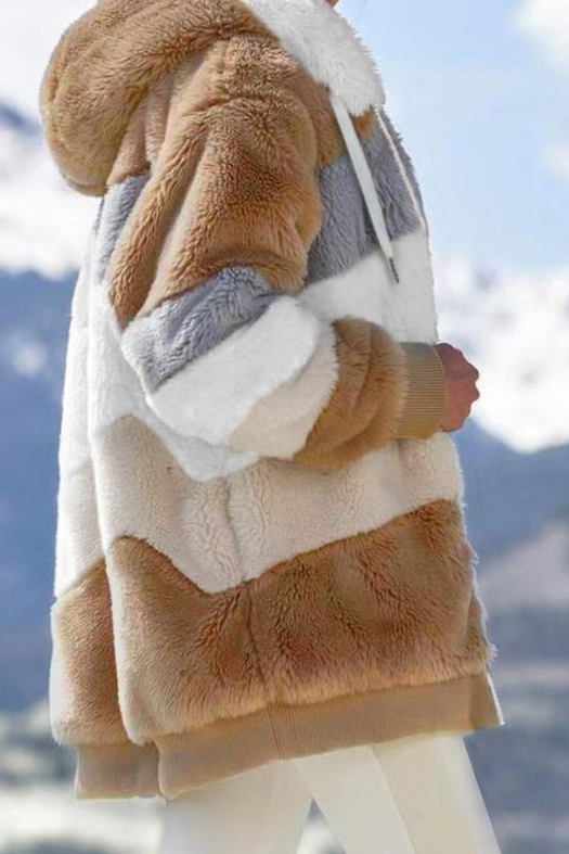 Ceylan Women's Oversized Teddy Jacket Striped Hooded Faux Fur Coat
