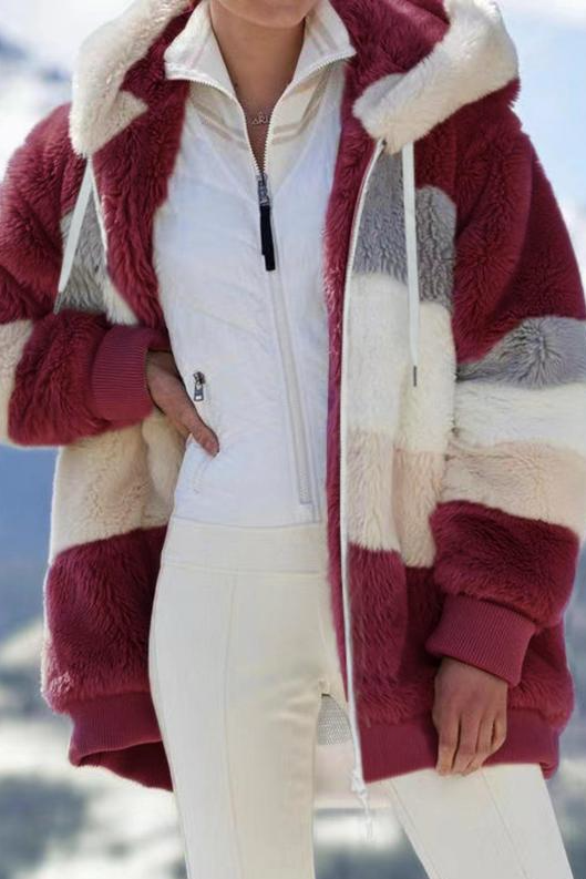 Ceylan Women's Oversized Teddy Jacket Striped Hooded Faux Fur Coat