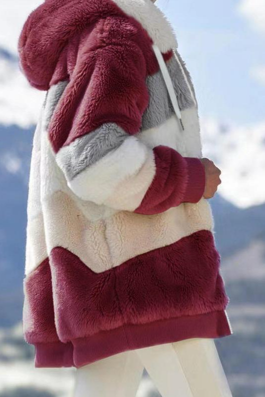 Ceylan Women's Oversized Teddy Jacket Striped Hooded Faux Fur Coat