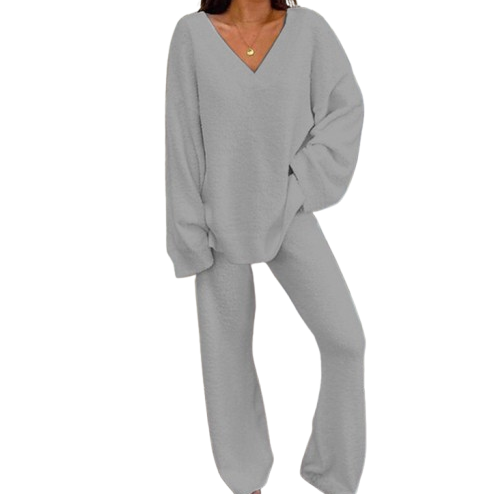 Ceylan Women’s Loungewear Set Ribbed V-Neck Top and Wide Leg Pants