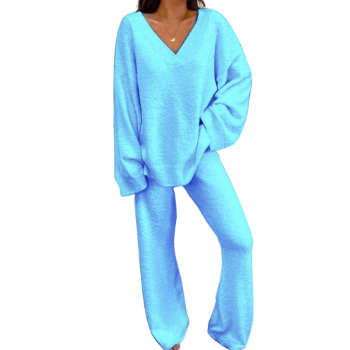 Ceylan Women’s Loungewear Set Ribbed V-Neck Top and Wide Leg Pants