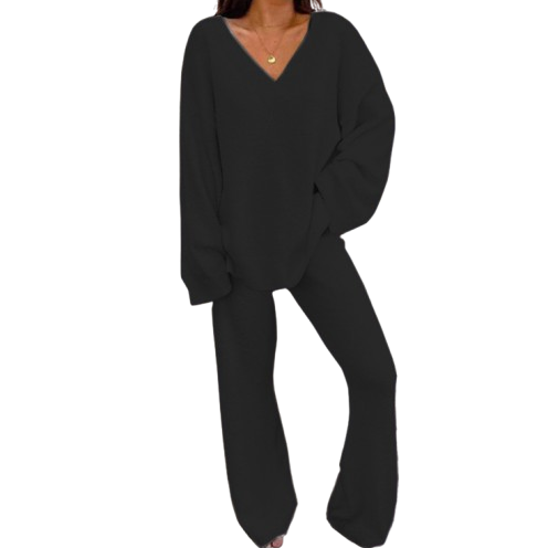 Ceylan Women’s Loungewear Set Ribbed V-Neck Top and Wide Leg Pants