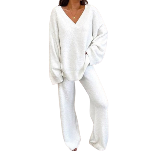 Ceylan Women’s Loungewear Set Ribbed V-Neck Top and Wide Leg Pants