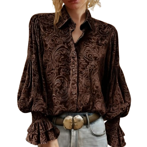 Ceylan Women’s Velvet Blouse Puff Sleeve Paisley Button Down