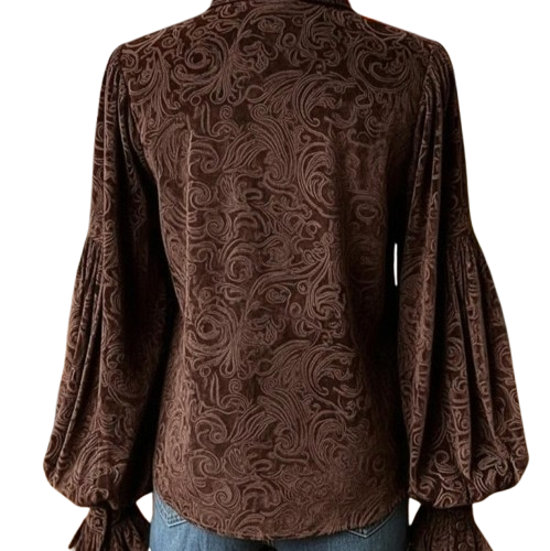 Ceylan Women’s Velvet Blouse Puff Sleeve Paisley Button Down