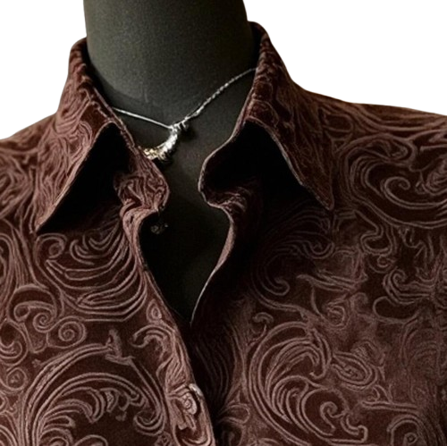 Ceylan Women’s Velvet Blouse Puff Sleeve Paisley Button Down