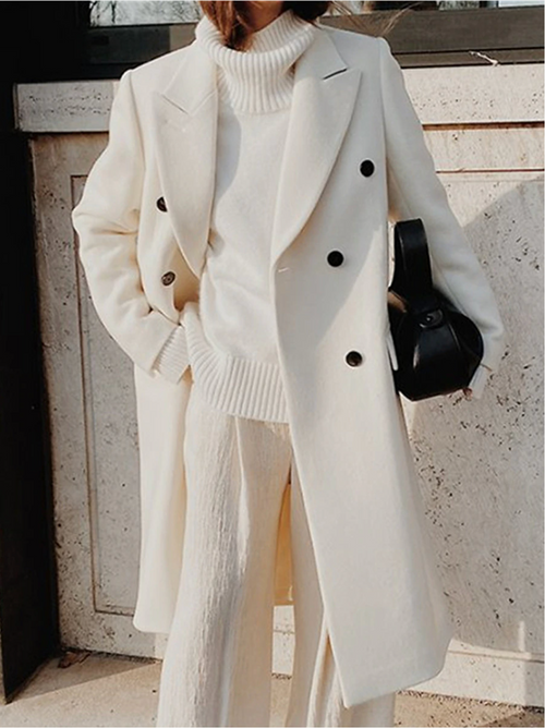 Women's Double-Breasted Long Coat with Notched Lapel