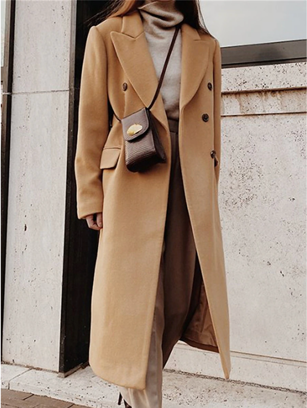 Women's Double-Breasted Long Coat with Notched Lapel