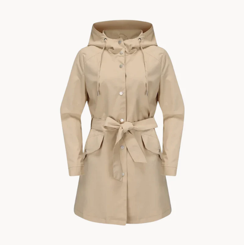 Women's Belted Hooded Trench Coat with Button Front