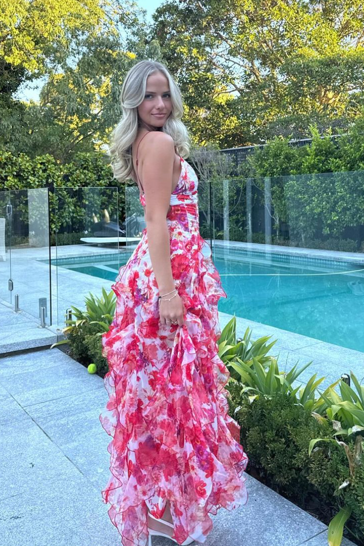 Women’s Floral Ruffle Maxi Dress Sleeveless V Neck Tiered Wedding Guest Gown