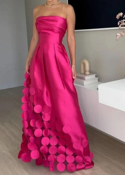 Women’s Strapless Satin Maxi Gown with 3D Polka Dot Appliqué Wedding Guest Dress
