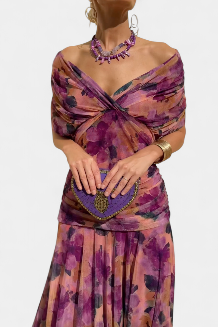 Women's Off-The-Shoulder Ruched Floral Maxi Dress with Sweetheart Neckline