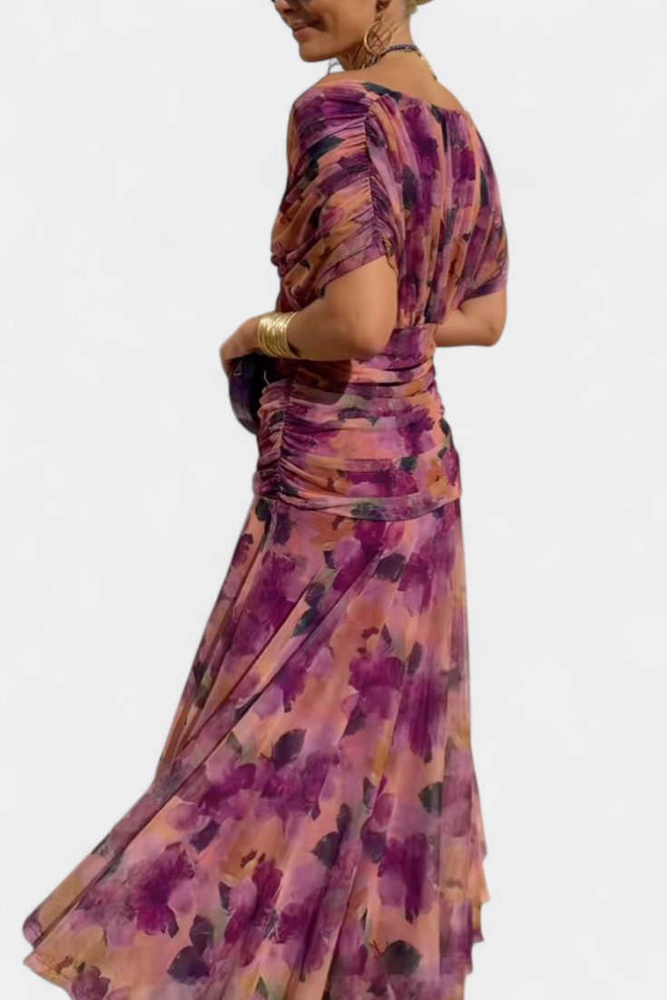 Women's Off-The-Shoulder Ruched Floral Maxi Dress with Sweetheart Neckline