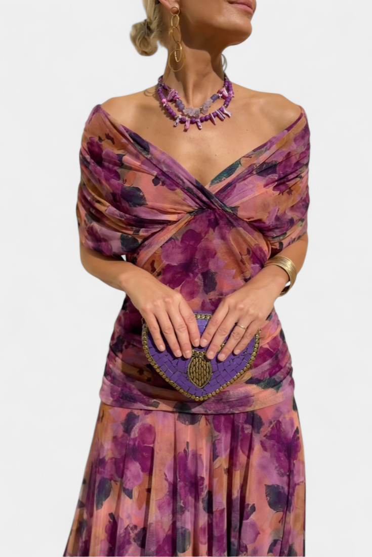 Women's Off-The-Shoulder Ruched Floral Maxi Dress with Sweetheart Neckline