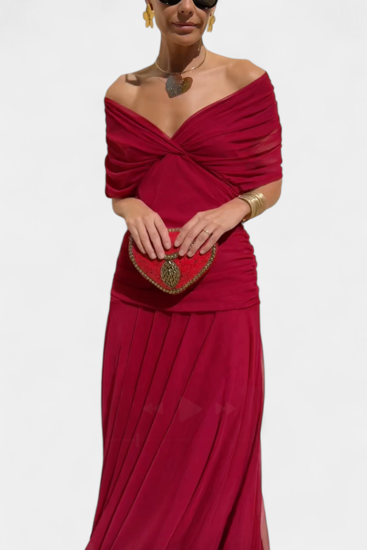 Women's Off-The-Shoulder Ruched Floral Maxi Dress with Sweetheart Neckline
