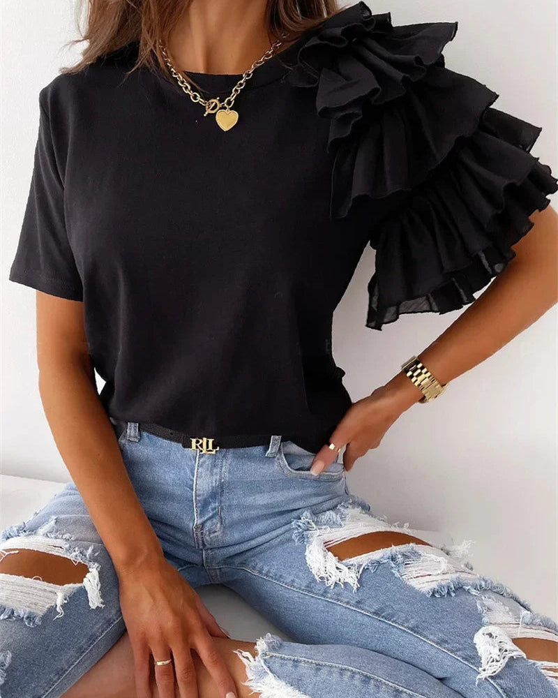 Women's Crew Neck T-Shirt with Asymmetrical Tiered Ruffle Sleeves