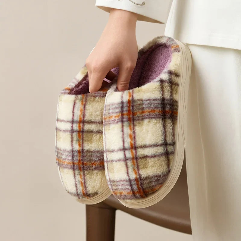 Ceylan Women’s Plaid House Slippers Warm Fleece Scuffs