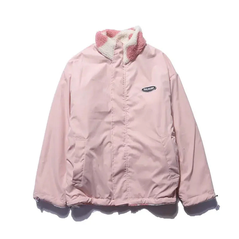 Women's Oversized Heart Print Zip-Up Puffer Jacket With High Collar