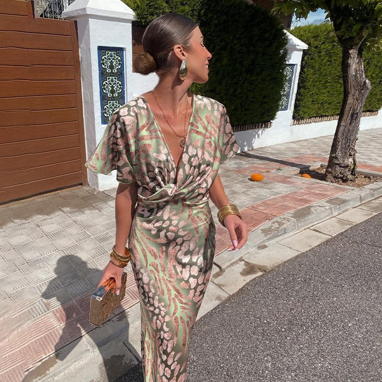 Women’s Maxi Dress with Twisted Waist and Leopard Animal Print
