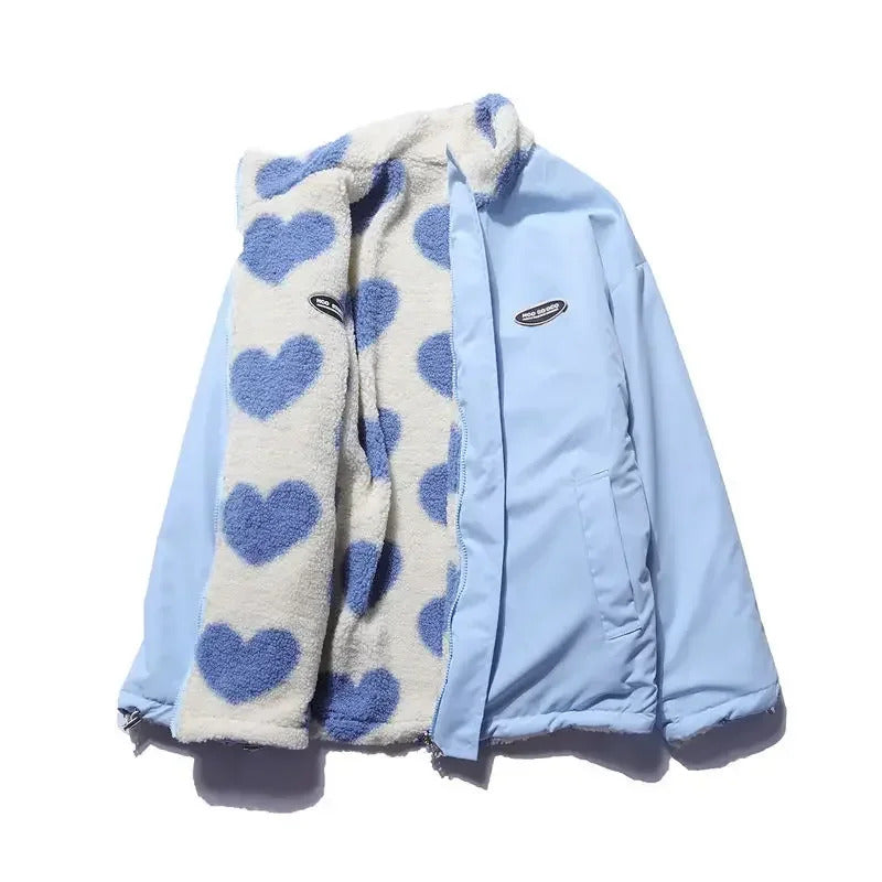 Women's Oversized Heart Print Zip-Up Puffer Jacket With High Collar