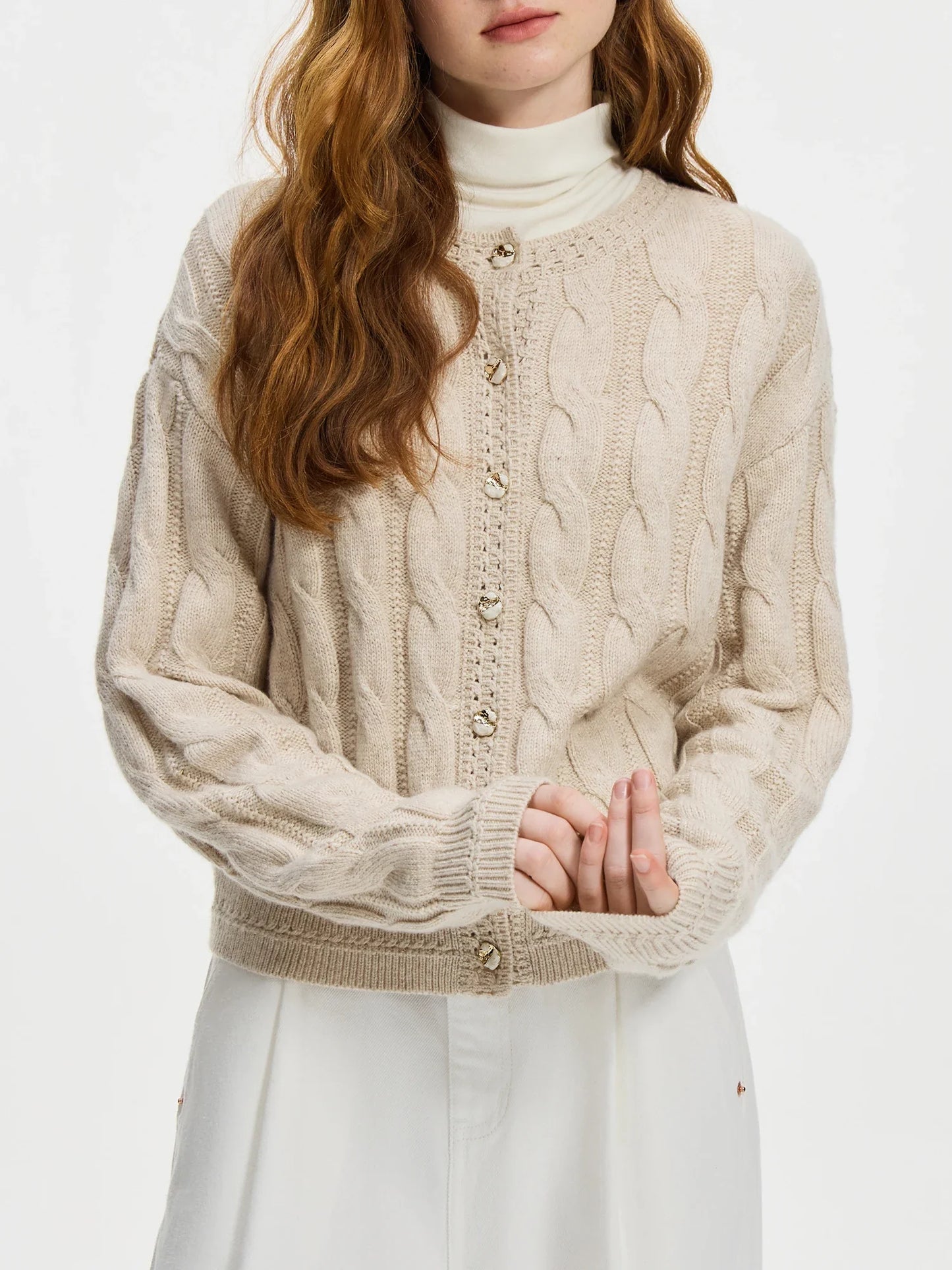Ceylan Women's Cardigan, Cropped Cable Knit with Buttons