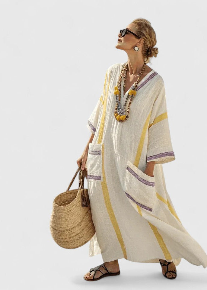 Women’s Kaftan Maxi Dress with V-Neckline and Artisanal Stripe Detail