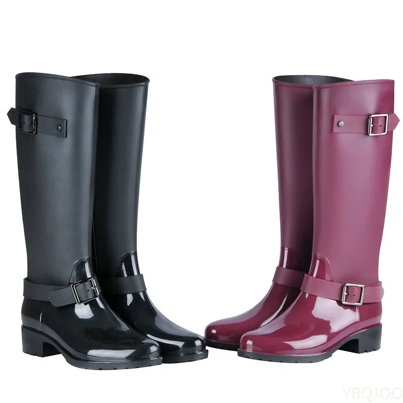 Women's Waterproof Knee-High Rain Boots with Buckles
