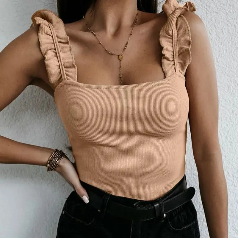 Women’s Ribbed Tank Top with Ruffled Shoulder Straps and Square Neckline