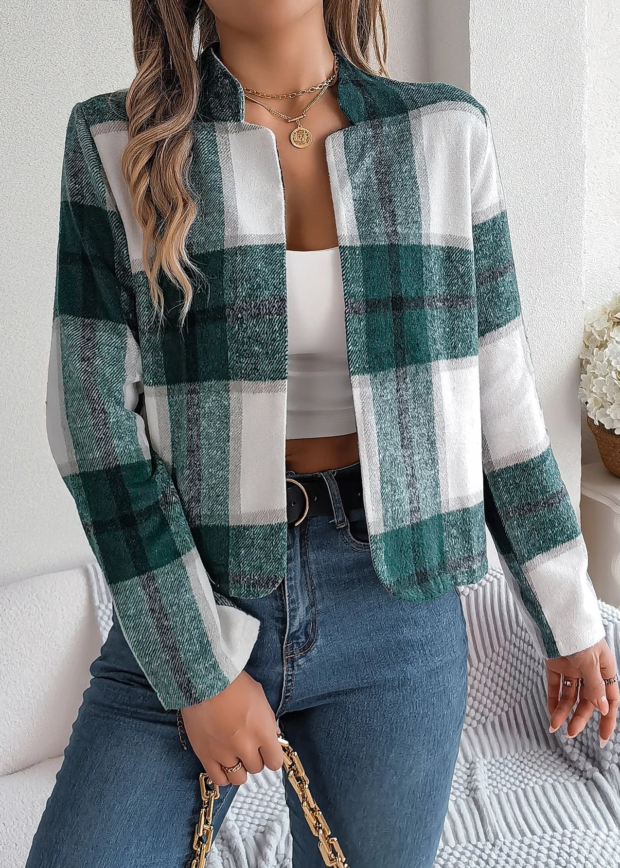 Ceylan Women’s Plaid Open Front Jacket Smart Casual Fit