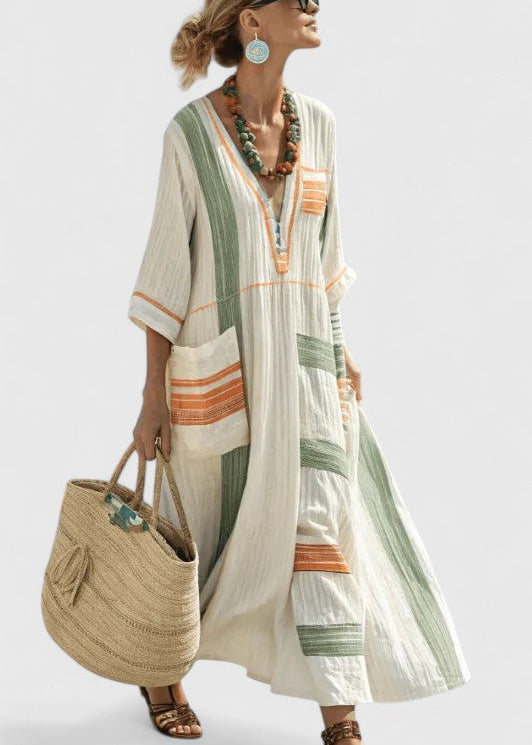 Women’s Kaftan Maxi Dress with V-Neckline and Artisanal Stripe Detail