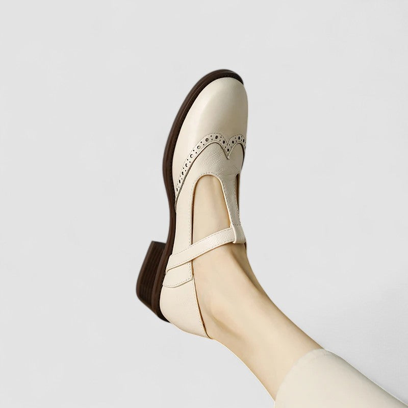 Women’s Mary Jane Shoes with T-Strap Low Heel and Perforated Detail