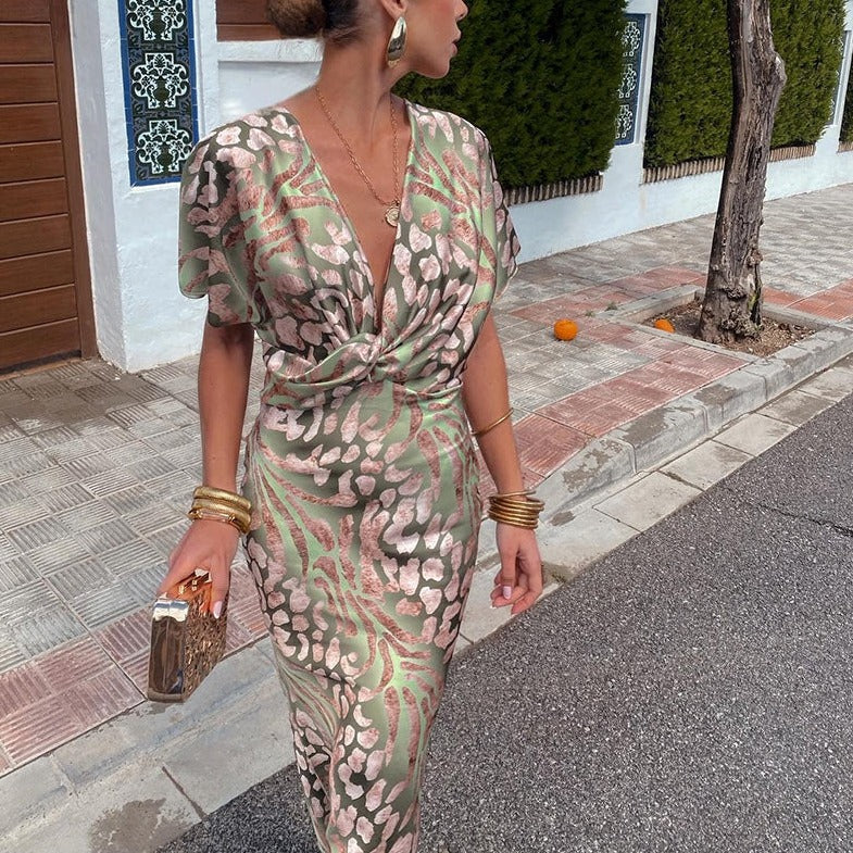 Women’s Maxi Dress with Twisted Waist and Leopard Animal Print