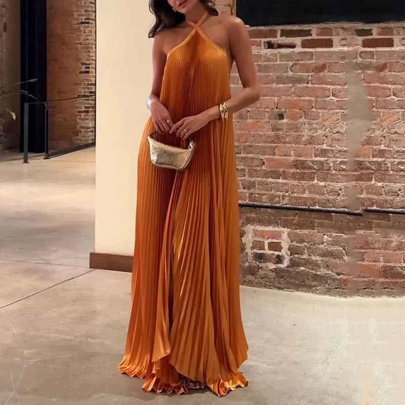 Women’s Pleated Maxi Dress Halter Neck Trapeze Silhouette Evening Gown