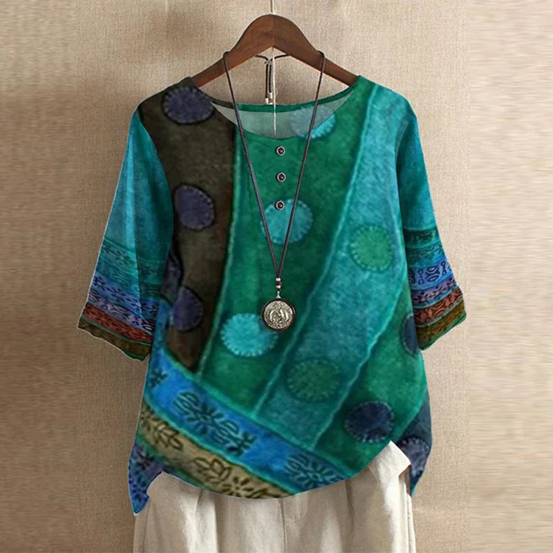 Women’s Blouse with 3/4 Sleeves and Retro Artisanal Floral Print