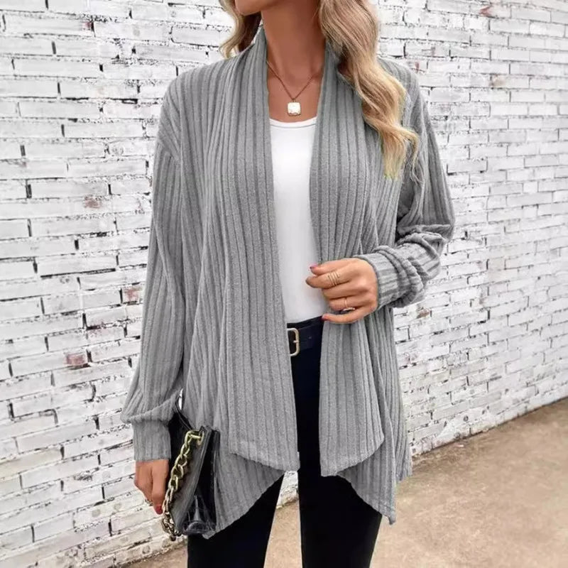 Women's Open-Front Ribbed Knit Draped Cardigan With Long Sleeves