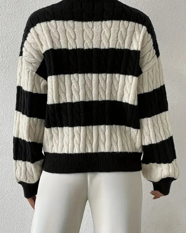 Ceylan Women's Sweater Cropped Striped Cable Knit V-Neck