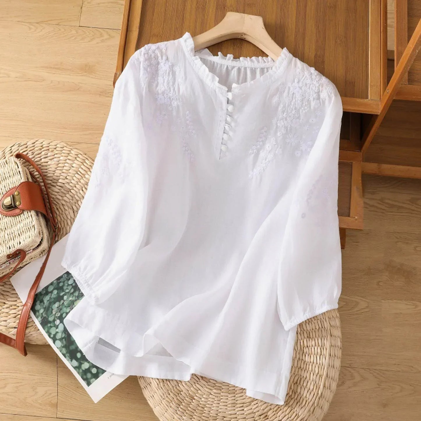 Women’s Embroidered Cotton Blouse with Ruffle Neck and Lantern Sleeves