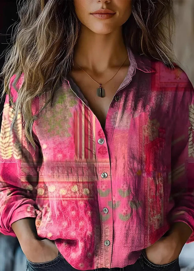 Women’s Button Down Shirt with Vintage Paisley Floral Print and Long Sleeves