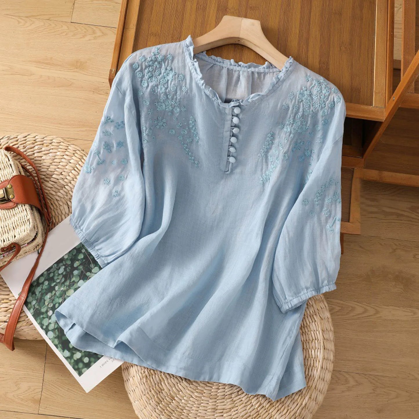 Women’s Embroidered Cotton Blouse with Ruffle Neck and Lantern Sleeves